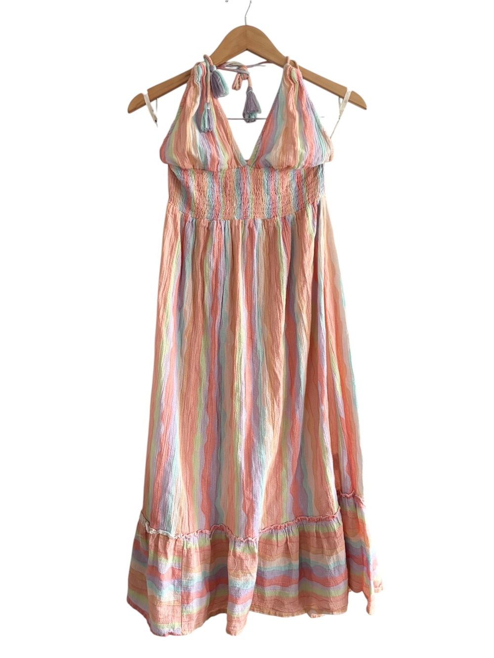 ZL Multicoloured Cotton Pastel Stripe Halter Maxi Dress